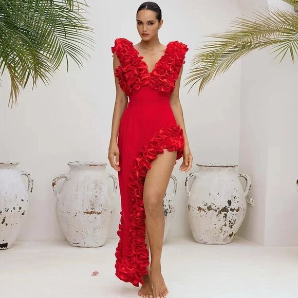 Sexy Glamorous Luxury Runway Party Outfit Ruffles Bodysuit Top Skirt Dress Cover - Picture 8 of 16